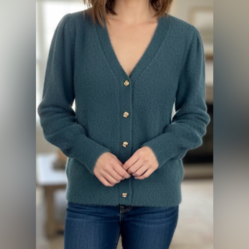 Joie Teal Puff Sleeve Fury Textured like Mohair Cardigan Gold Floral Buttons